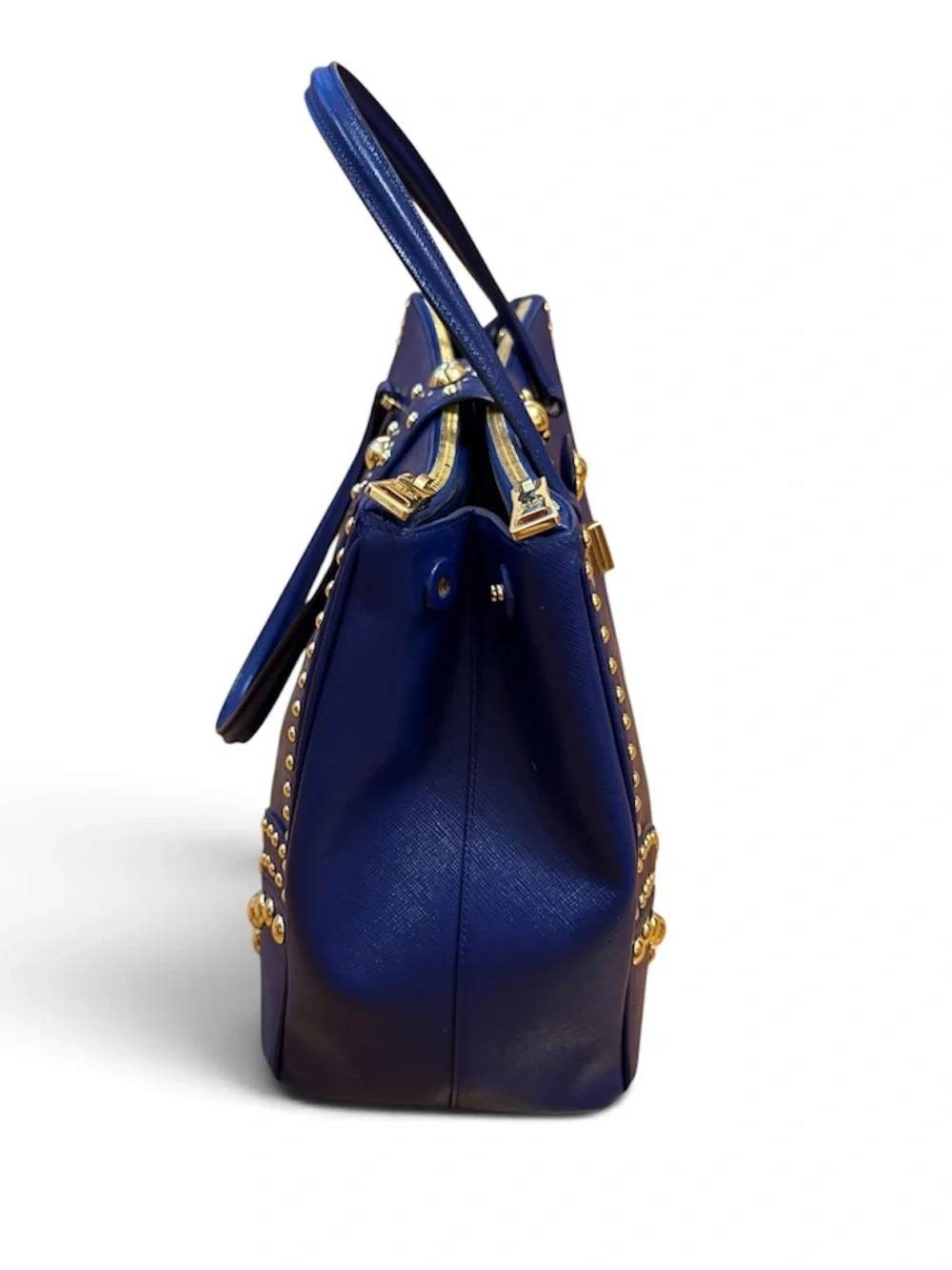 Prada Blue Saffiano Leather Studded Tote Crossbody Bag